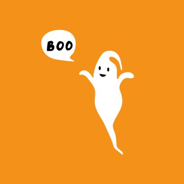 Beyaz konuşma balonlu Mutlu Uçan Hayalet. Gülümseyen yüz, eller. Düz tasarım.