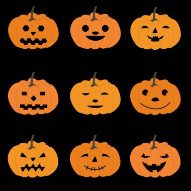 Cadılar bayramı balkabakları seti, komik yüzler. Sonbahar tatili. Vektör illüstrasyonu