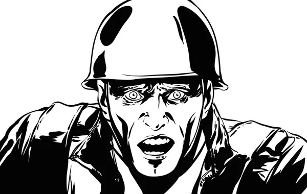 comics art soldier character with scared face expression, black lined on white background