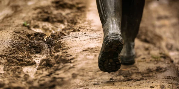 Dirty Farmer Rubber Boots Walking Rainy Road — Stock Photo, Image