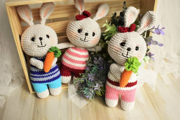 Rabbit crochet Cute bunny Handmade Vintage background Home decoration Lovely animals crocheting Woolen soft toy Creative idea gifts for kids Knitting design Pastel color theme Childhood