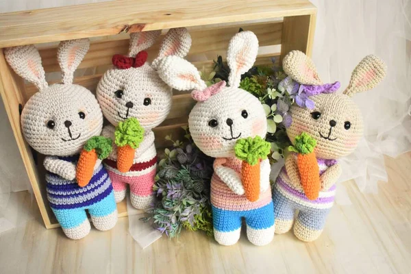 Rabbit crochet Cute bunny Handmade Vintage background Home decoration Lovely animals crocheting Woolen soft toy Creative idea gifts for kids Knitting design Pastel color theme Childhood