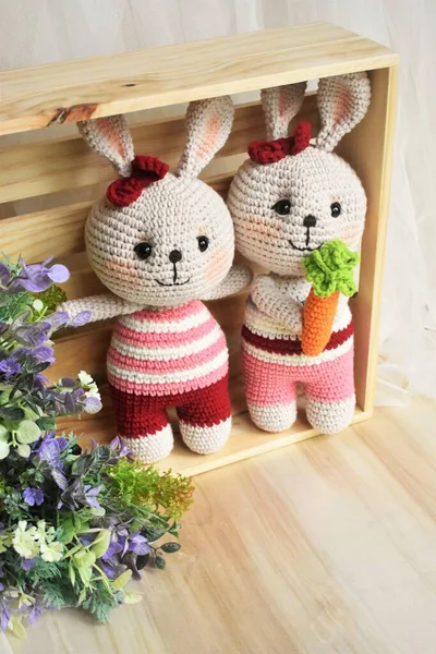 Rabbit crochet Cute bunny Handmade Vintage background Home decoration Lovely animals crocheting Woolen soft toy Creative idea gifts for kids Knitting design Pastel color theme Childhood