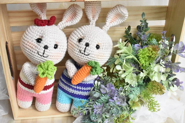 Rabbit crochet Cute bunny Handmade Vintage background Home decoration Lovely animals crocheting Woolen soft toy Creative idea gifts for kids Knitting design Pastel color theme Childhood