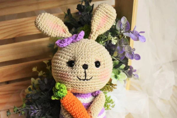 Rabbit crochet Cute bunny Handmade Vintage background Home decoration Lovely animals crocheting Woolen soft toy Creative idea gifts for kids Knitting design Pastel color theme Childhood