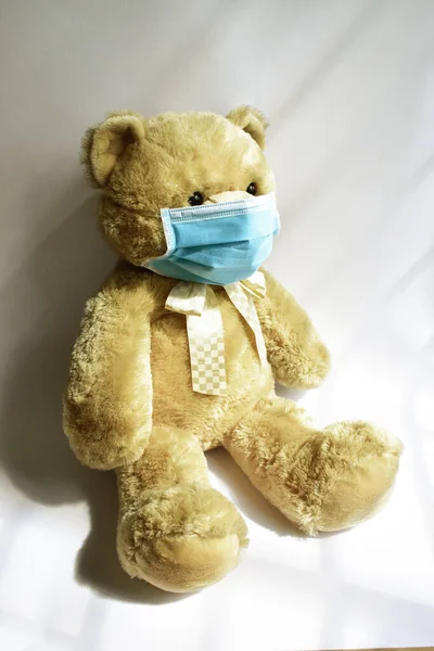 Cute Brown Bear Blue Medical Mask White Background Doctor Bear — Stock Photo, Image