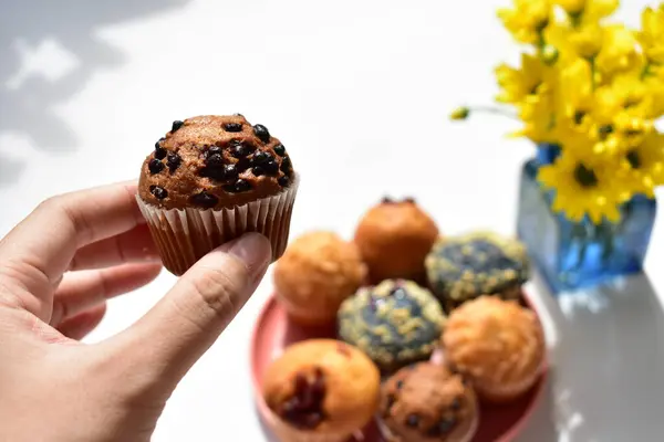 Junk Food Leckere Süße Muffins Leckere Tasse Kuchen Draufsicht Flache — Stockfoto