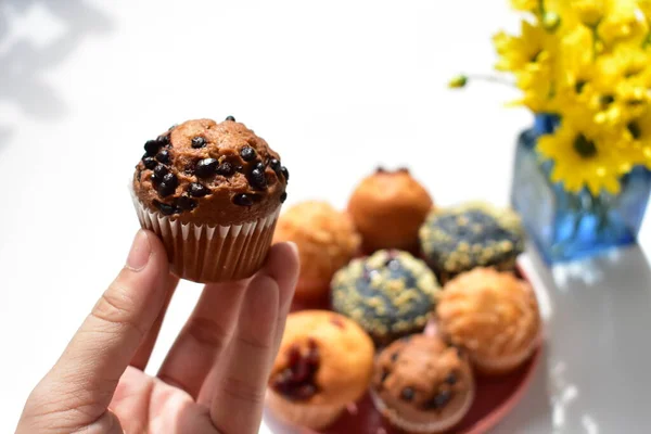 Junk Élelmiszer Finom Édes Muffin Finom Csésze Torta Felülnézet Lapos — Stock Fotó