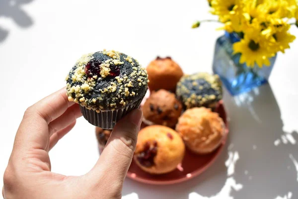 Confiture Délicieux Muffin Sucré Gâteau Savoureux Vue Sur Dessus Plat — Photo