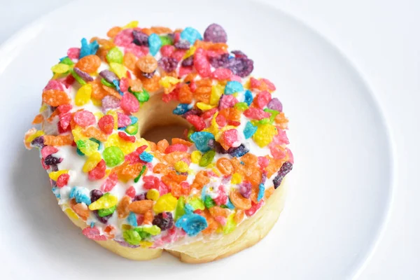 Tasty Beautiful Doughnut Colorful Cornflakes Donut Isolated White Background Top — Stock Photo, Image