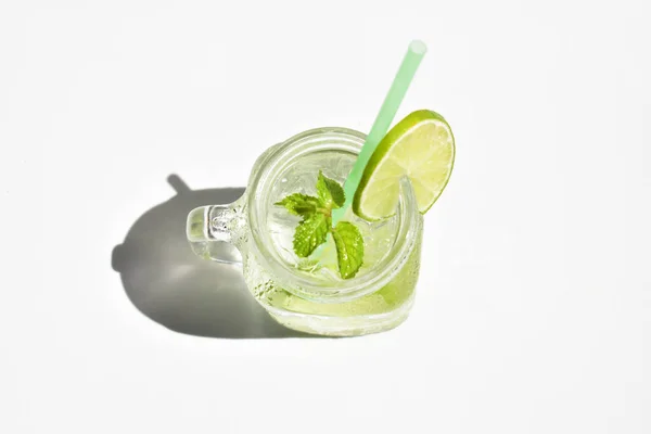 Mason Jar Glass Lemonade Green Lemon Slice Mint Leaf Honey — Stock Photo, Image