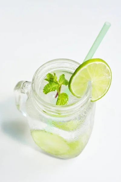 Mason Jar Glass Lemonade Green Lemon Slice Mint Leaf Honey — Stock Photo, Image