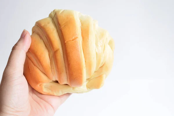 Woman Holding Delicious Cheese Butter Croissant Her Hand Healthy Vegan — Stock Photo, Image