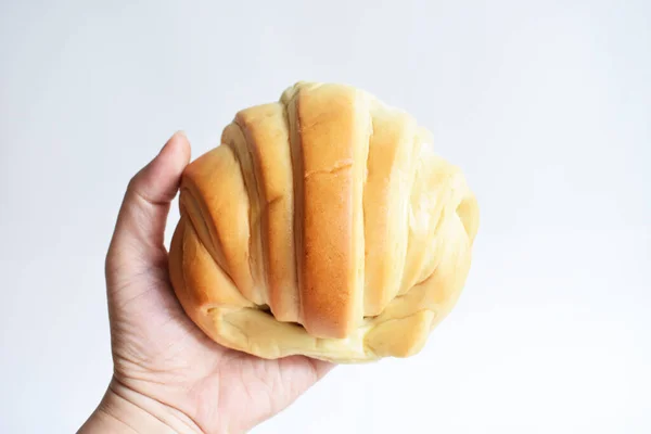 Egy Kezében Egy Finom Sajt Vaj Croissant Kezét Egészséges Vegán — Stock Fotó