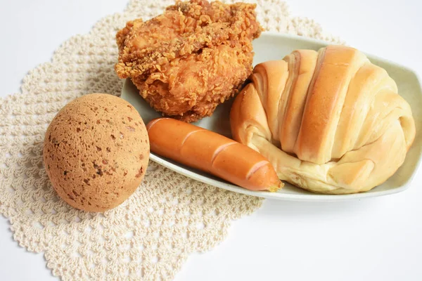 Szüreti Finom Reggelizőasztal Édes Croissant Barát Csirke Koreai Szezám Mochi — Stock Fotó