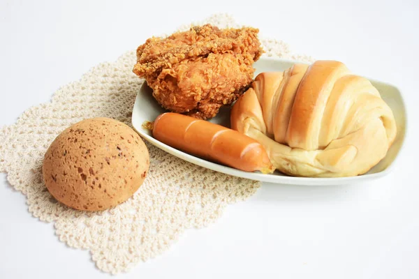 Vintage Heerlijke Ontbijttafel Schotel Van Zoete Croissant Vriend Kip Koreaanse — Stockfoto