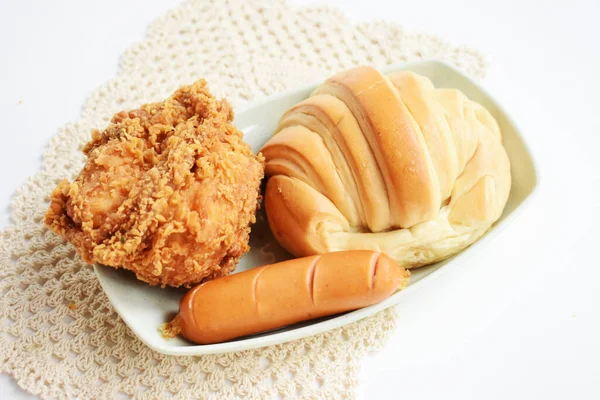 Vintage Heerlijke Ontbijttafel Schotel Van Zoete Croissant Vriend Kip Koreaanse — Stockfoto