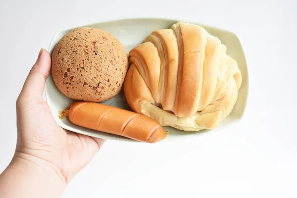 Gyönyörű Finom Reggelizőasztal Édes Croissant Koreai Szezám Mochi Kenyér Vagy — Stock Fotó