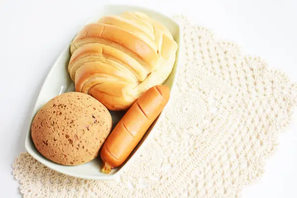 Gyönyörű Finom Reggelizőasztal Édes Croissant Koreai Szezám Mochi Kenyér Vagy — Stock Fotó