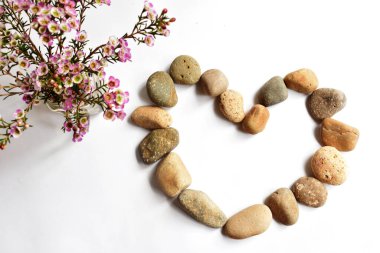 Zen taşları kalp şeklinde beyaz zemin, taş çakıl taşları kalp şekli, aşk sembolü, sevgililer günü, aşk konsepti, zen ve meditasyon, zen, soyut kaplıca