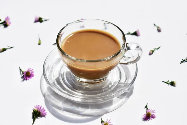Mleko Kawa Herbata Mleczna Szklanka Filiżanka Widok Góry Ciasteczko Herbatnik — Zdjęcie stockowe