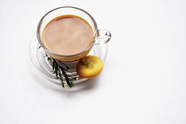 Sütlü Kahve Sütlü Çay Bardağı Üst Manzaralı Kurabiye Bisküvi Düzlüğü — Stok fotoğraf