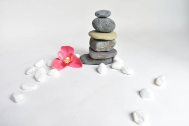Beyaz arka planda izole edilmiş taş yığınları ve pembe orkide çiçeği. Çakıl taşı kulesi. Denge ve uyum kavramı. Sakin ve ruh, spa taşları ve zen, barış, meditasyon, manevi ve soyut