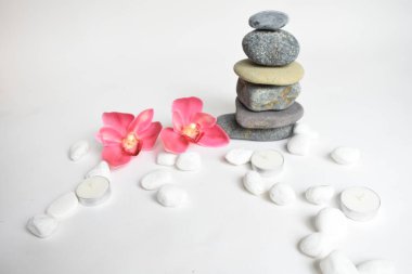 Beyaz arka planda izole edilmiş taş yığınları ve pembe orkide çiçeği. Çakıl taşı kulesi. Denge ve uyum kavramı. Sakin ve ruh, spa taşları ve zen, barış, meditasyon, manevi ve soyut