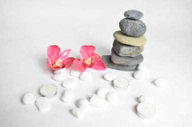 Beyaz arka planda izole edilmiş taş yığınları ve pembe orkide çiçeği. Çakıl taşı kulesi. Denge ve uyum kavramı. Sakin ve ruh, spa taşları ve zen, barış, meditasyon, manevi ve soyut