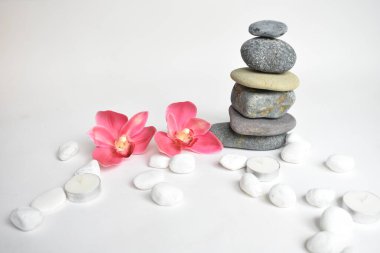 Beyaz arka planda izole edilmiş taş yığınları ve pembe orkide çiçeği. Çakıl taşı kulesi. Denge ve uyum kavramı. Sakin ve ruh, spa taşları ve zen, barış, meditasyon, manevi ve soyut