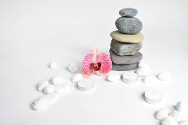Beyaz arka planda izole edilmiş taş yığınları ve pembe orkide çiçeği. Çakıl taşı kulesi. Denge ve uyum kavramı. Sakin ve ruh, spa taşları ve zen, barış, meditasyon, manevi ve soyut