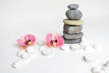 Beyaz arka planda izole edilmiş taş yığınları ve pembe orkide çiçeği. Çakıl taşı kulesi. Denge ve uyum kavramı. Sakin ve ruh, spa taşları ve zen, barış, meditasyon, manevi ve soyut