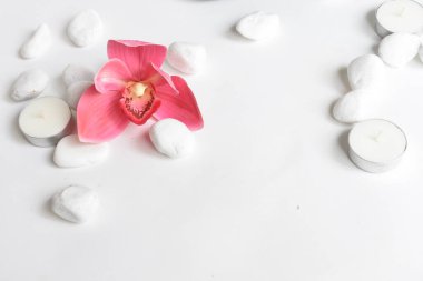 Beyaz arka planda pembe orkideli beyaz taşlar ve mum. Beyaz çakıl taşları. Denge ve uyum kavramı. Sakin ve ruh, spa taşları ve zen, barış, meditasyon, manevi, soyut, güzellik