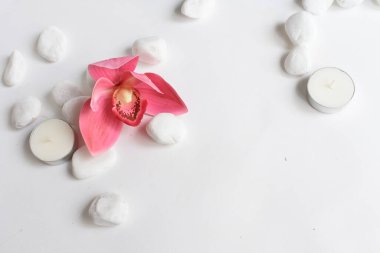 Beyaz arka planda pembe orkideli beyaz taşlar ve mum. Beyaz çakıl taşları. Denge ve uyum kavramı. Sakin ve ruh, spa taşları ve zen, barış, meditasyon, manevi, soyut, güzellik