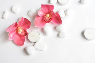 Beyaz arka planda pembe orkideli beyaz taşlar ve mum. Beyaz çakıl taşları. Denge ve uyum kavramı. Sakin ve ruh, spa taşları ve zen, barış, meditasyon, manevi, soyut, güzellik