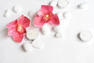 Beyaz arka planda pembe orkideli beyaz taşlar ve mum. Beyaz çakıl taşları. Denge ve uyum kavramı. Sakin ve ruh, spa taşları ve zen, barış, meditasyon, manevi, soyut, güzellik