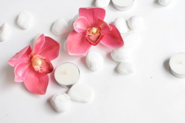 Beyaz arka planda pembe orkideli beyaz taşlar ve mum. Beyaz çakıl taşları. Denge ve uyum kavramı. Sakin ve ruh, spa taşları ve zen, barış, meditasyon, manevi, soyut, güzellik