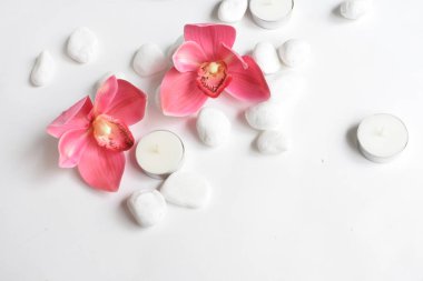 Beyaz arka planda pembe orkideli beyaz taşlar ve mum. Beyaz çakıl taşları. Denge ve uyum kavramı. Sakin ve ruh, spa taşları ve zen, barış, meditasyon, manevi, soyut, güzellik