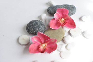 Beyaz arka planda pembe orkideli beyaz taşlar ve mum. Beyaz çakıl taşları. Denge ve uyum kavramı. Sakin ve ruh, spa taşları ve zen, barış, meditasyon, manevi, soyut, güzellik