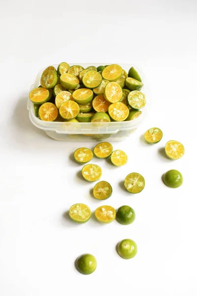 Citrus Microcarpa Background Slice Calamondine Fruit Top View Flat Lay — Foto de Stock