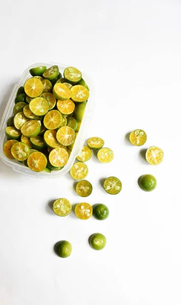 Citrus Microcarpa Background Slice Calamondine Fruit Top View Flat Lay — Foto de Stock