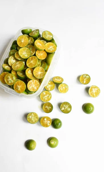 Citrus Microcarpa Background Slice Calamondine Fruit Top View Flat Lay — Foto de Stock