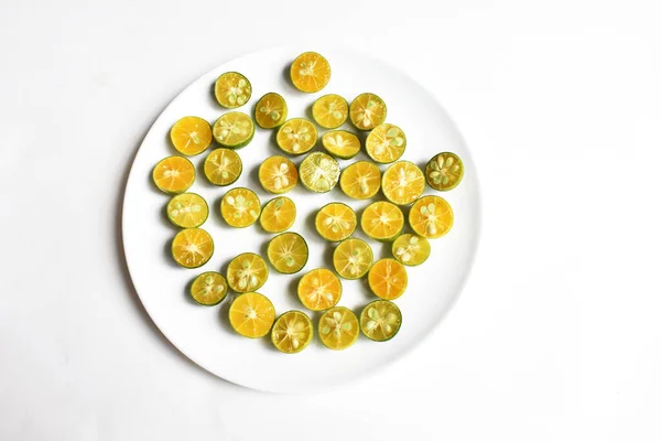 Citrus Microcarpa Background Slice Calamondine Fruit Top View Flat Lay — Foto de Stock