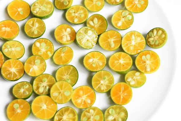 Citrus Microcarpa Hintergrund Scheibe Calamondinfrucht Draufsicht Flache Lage Orange Zitrone — Stockfoto
