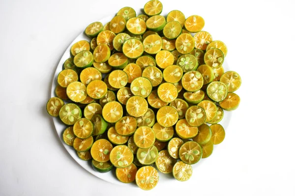 Citrus Microcarpa Background Slice Calamondine Fruit Top View Flat Lay — Foto de Stock