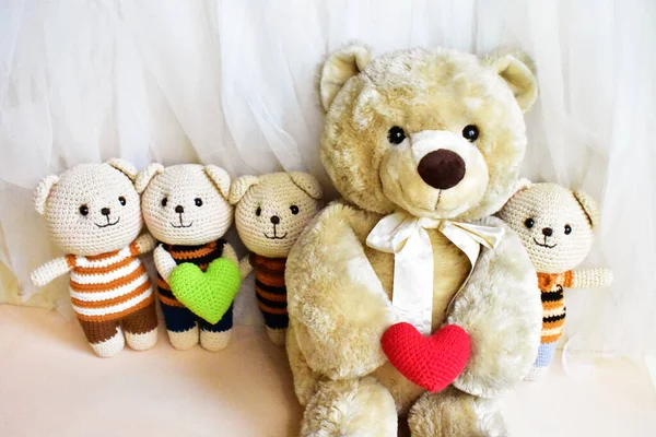 Cute Teddy Bears Family Yellow White Chiffon Background Relax Summer — Stock Photo, Image