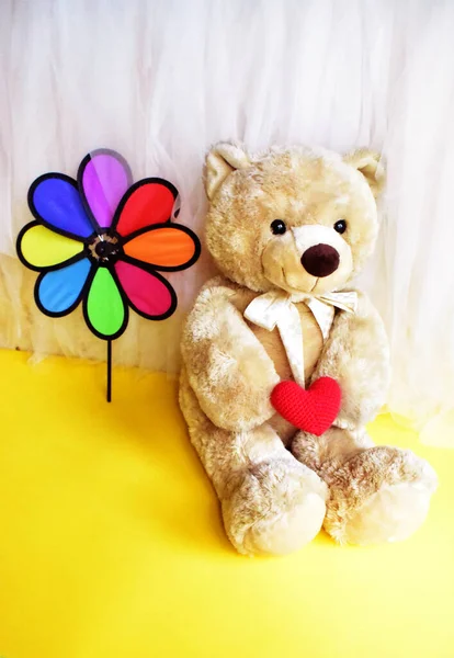 Boneka Beruang Teddy Lucu Mainan Lembut Memegang Pinwheel Pelangi Kincir — Stok Foto