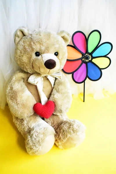 Boneka Beruang Teddy Lucu Mainan Lembut Memegang Pinwheel Pelangi Kincir — Stok Foto