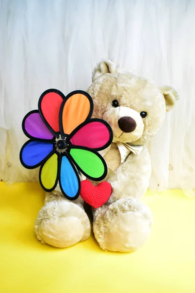 Cute Teddy Bear Soft Toy Holding Rainbow Pinwheel Windmill Kids — Stock Photo, Image