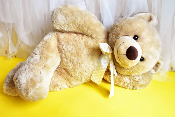 Cute teddy bear soft toy lying on the beach, yellow and white chiffon background, relax, summer holiday, kid toy, childhood memory